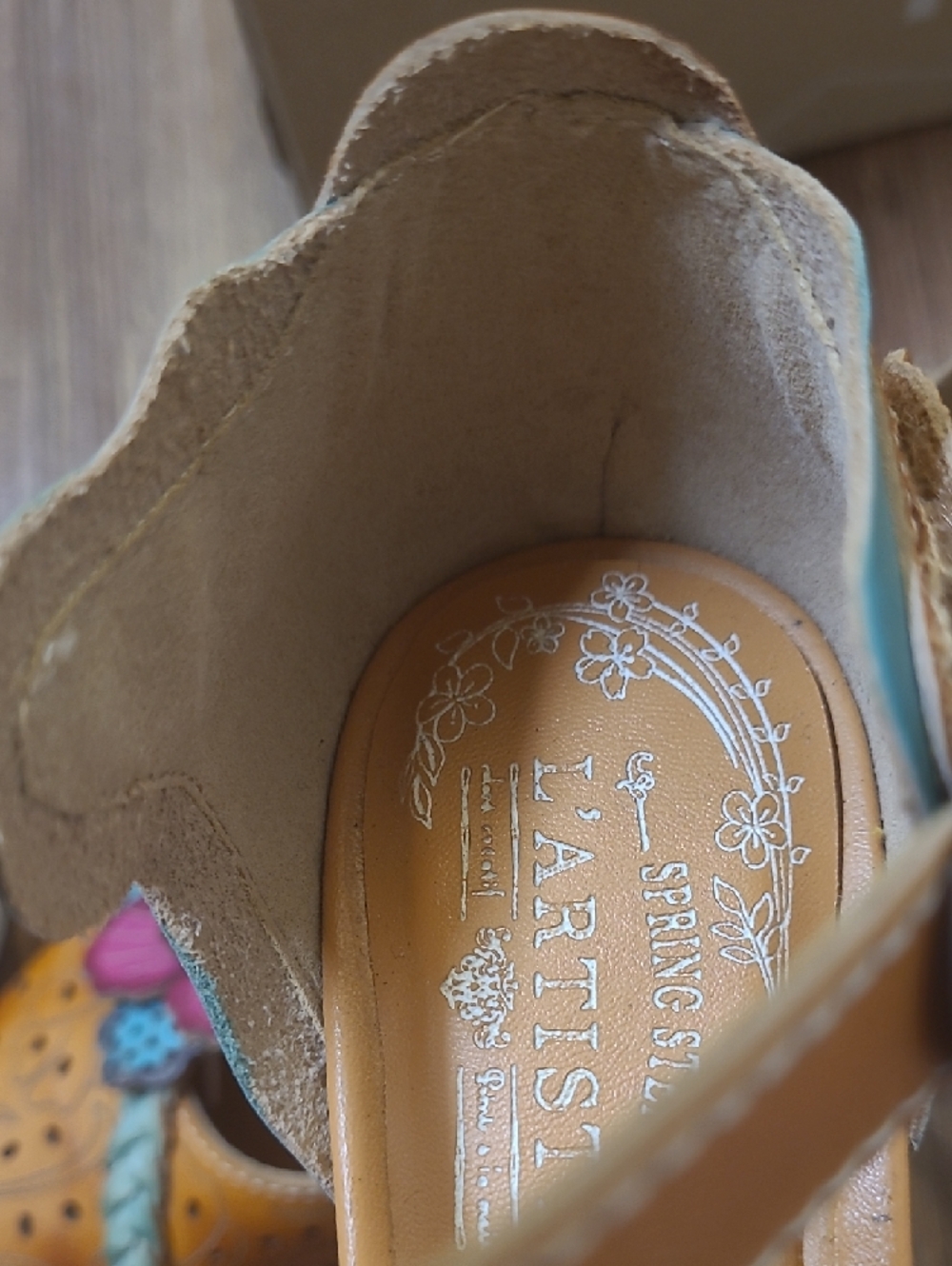 L'ATISTE Tan Leather Ankle-Strap Heels with Pink and Teal Floral Accents - Picture 9 of 14